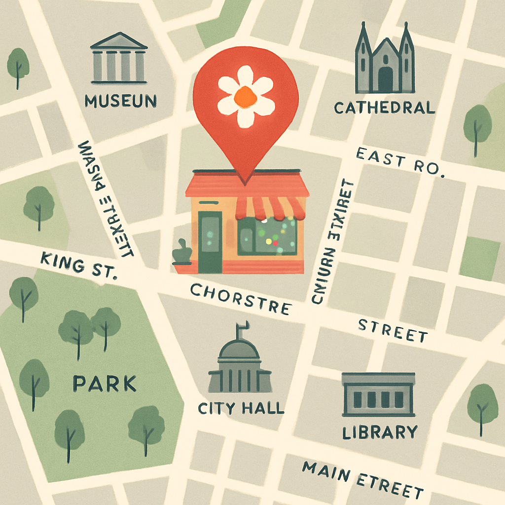 Map showing the location of the flower shop